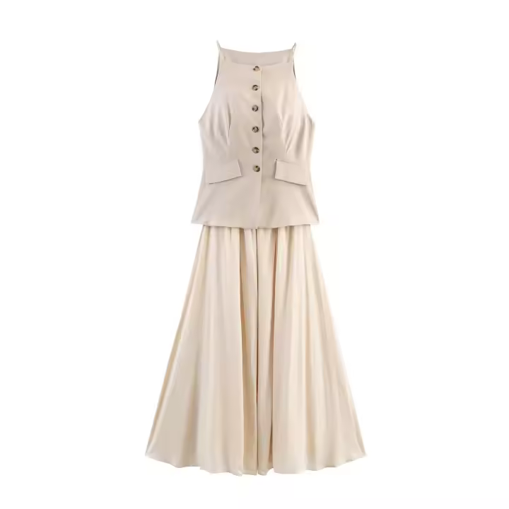 TRAFZA-Vestido Midi elegante de verano para mujer, vestido largo sin mangas con un solo pecho, diseño plisado empalmado, dobladillo acampanado, a la moda - 1