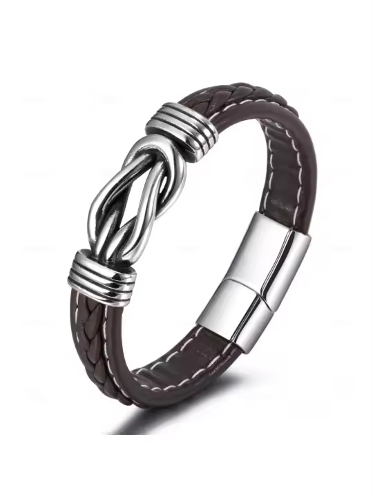 Pulsera De Acero Inoxidable Para Hombres Con Cordón De Cuero Tejido a Mano Joyería Masculina Regalos Estilo Europeo Y Americano - 1