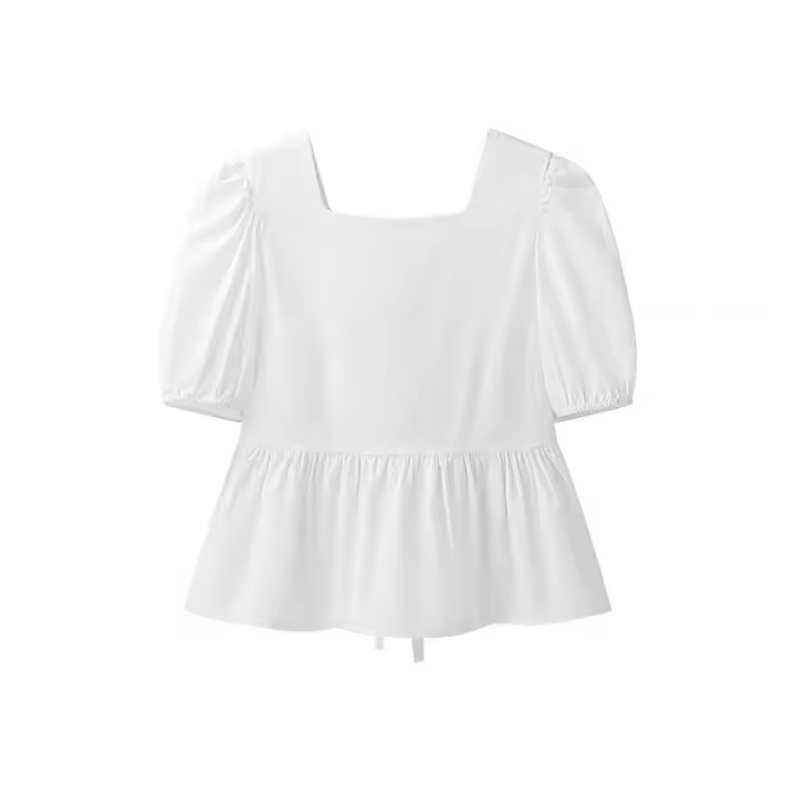 OUWU- Camisa Corta De Manga Abullonada Para Mujer De, Cuello Cuadrado Simple, Espalda Plisada, Puños Elásticos Sólidos, Dobladillo Suelto Informal, Blusa Corta, Nueva Camisa Elegante Para Primavera Y Verano - 1