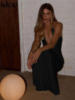 Kliou Halter fruncido mujeres Maxi vestido clásico sólido cuello bajo espalda descubierta elegante Simple bata femenina High Street Vestidos de vacaciones - details 18