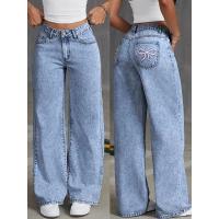 Pantalones de pierna ancha de moda bordados con lazo en el bolsillo trasero para mujer Pantalones de mezclilla lavados versátiles - details 0
