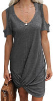Vestido de manga corta para mujer, camiseta retorcida con hombros descubiertos, Color sólido, verano europeo y americano, primavera y verano - details 4