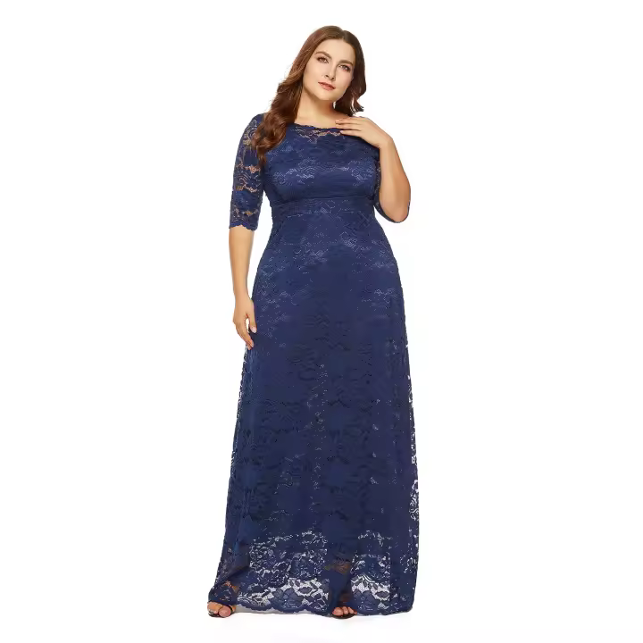 Vestido largo de encaje Floral para mujer, vestido de fiesta de noche de talla grande, mangas 2/3, azul marino, XL-6XL - 1