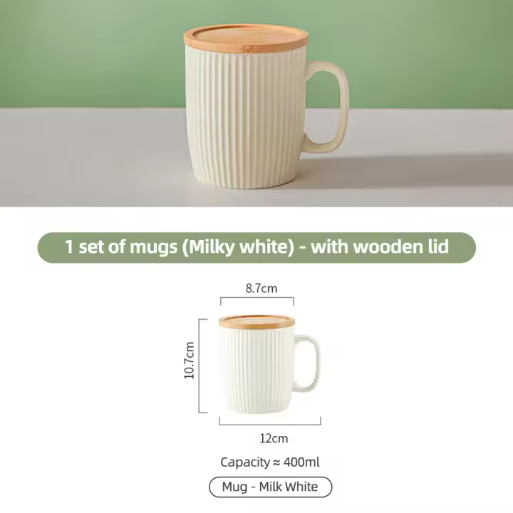 Taza de Cerámica Estilo Coreano Taza de Desayuno de Avena con Tapa de Bambú Taza de Té con Asa - 1