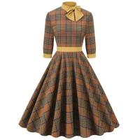 Vestido Midi de Cuello Alto con Lazo de Cuadros Retro Moda de Invierno para Mujeres Hepburn - details 1