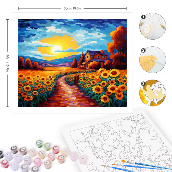 RUOPOTY Pintura al estilo abstracto con números Sunflowers y el sol paisaje imagen para adultos Decoración de pared DIY casa material lona - 1