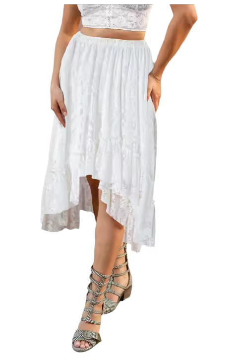 Elrachen Falda midi de encaje blanco con volantes y dobladillo alto y bajo para mujer, estilo bohemio, blanco, tallas S-XL - 1