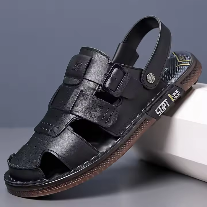Sandalias de verano para hombres de la bolsa de cuero de la cabeza, sandalias de hombres de uso exterior, conducción de doble propósito, antideslizantes, zapatos de playa de moda para hombres de carne de vacuno, suelas de tendón. - 1