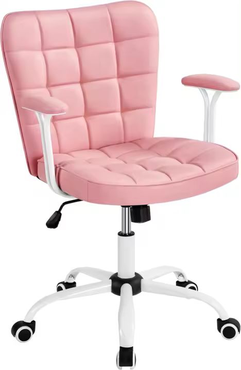 Silla de Oficina sin Reposabrazo Silla Oficina Tapizada de Cuero PU Silla con Ruedas Silla Ergonómica Base Metal Blanca - 1