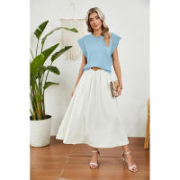BUNO-2025 Tops para mujer, pantalón corto informal de moda de verano, camisetas básicas con textura a rayas de Color sólido y cuello redondo - details 3