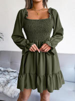 Vestido elegante de manga larga para mujer, falda con cuello cuadrado, vestido con volantes de color sólido, moda de primavera y otoño - details 2