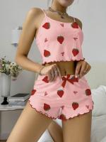Conjunto estampado de amor de fresa europeo y americano, conjunto de pantalones cortos con tirantes para mujer, conjunto de dos piezas, dulce y lindo - details 6