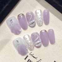 Uñas Postizas Cortas Redondas De Terciopelo Morado Y Blanco Con Diseño 3D De Cisne Para Mujeres Y Niñas Estilo Lady Con Ojos De Gato - details 6