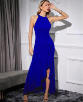 Maxivestido de cintura alta con escote camisola, bordes con volantes y elegante abertura Exy, perfecto para fiestas. - details 1