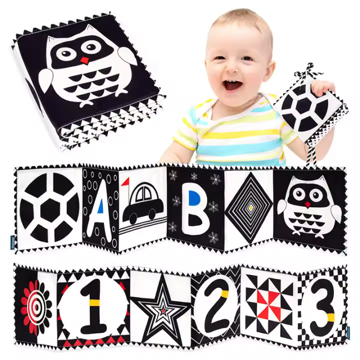 Libro de Actividades Sensoriales para Bebés de Tela Suave Contraste Alto Negro y Blanco Juguetes Educativos para Niños Pequeños - 1