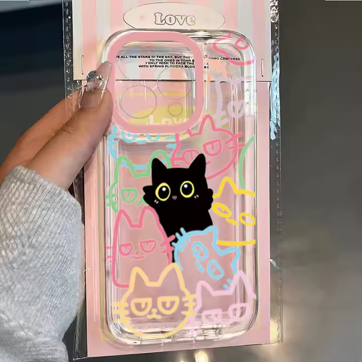 Funda Transparente Linda de Gato Negro para iPhone 16E 11 13 12 14 16 Pro Max 15 Plus XR X XS 7 8 Se 2022 Animal Suave TPU Cover - 1