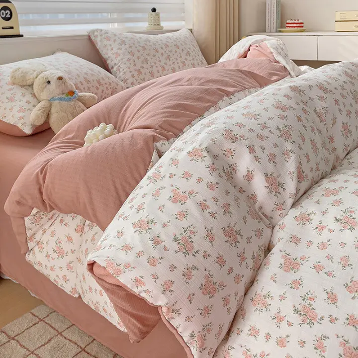 Juego de cama: Sábana ajustable de algodón lavado puro de cuatro piezas, funda de edredón, juego de tres piezas de cama individual para dormitorio de estudiantes: Sábana, funda - 1