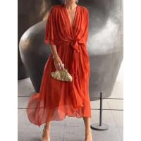 Vestido de verano para mujer, cuello en V, manga corta, plisado, Irregular, rojo, elegante, falda Midi negra para fiesta para mujer - details 5