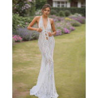BUNO-Vestido largo sexy de encaje con cuello Halter, vestido largo con huecos y espalda descubierta para mujer, vestido ajustado para vacaciones de verano, - details 1