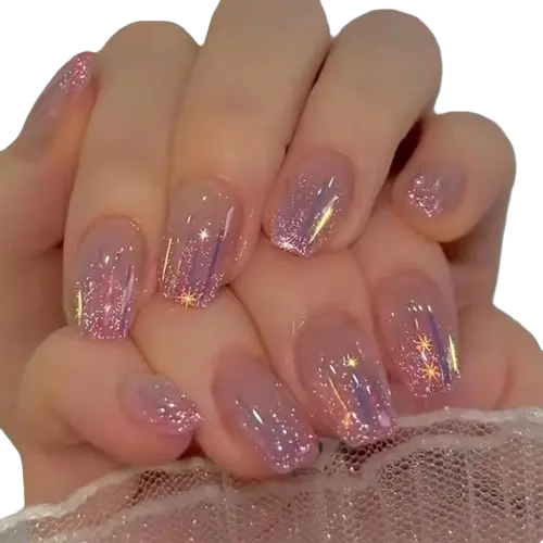 24 piezas de uñas postizas cuadradas cortas con encaje francés, estampado de rosa y púrpura, diseño de meteorito Aurora, uñas postizas de cobertura completa, kit de uñas acrílicas adhesivas - 1