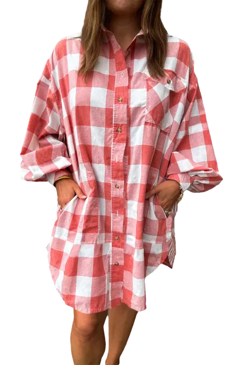 Elrachen Vestido camisero de gran tamaño con dobladillo redondo y manga abullonada a cuadros para mujer, rosa, tallas S-XL - 1