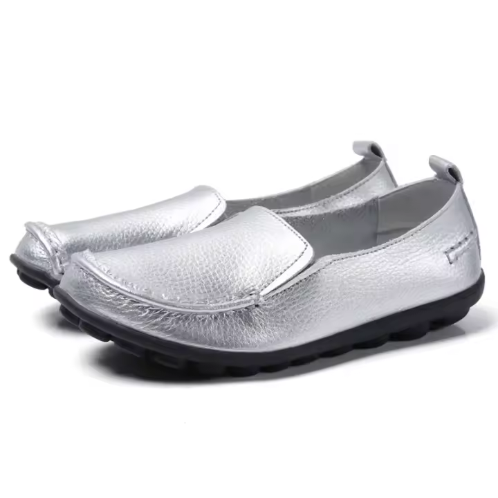 Zapatos planos de mujer de cuero genuino, bailarina, zapatos de enfermera, mocasines, mocasines para mujer, zapatos planos sin cordones plateados para mujer, bailarinas suaves - 1