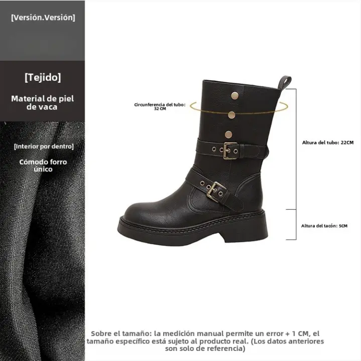 Doble y usa dos botas medianas de suela gruesa marrón elásticas y delgadas, botas de caballero para mujer y botas cortas. - 1