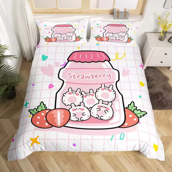Cubierta de Edredón de Dibujos Animados de Conejo Conjunto de Ropa de Cama de Fruta de Fresas Dulce - 1
