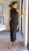 Elegante Vestido Largo de Satén de Color Sólido Cuello Halter sin Mangas Ideal para Fiestas - details 14