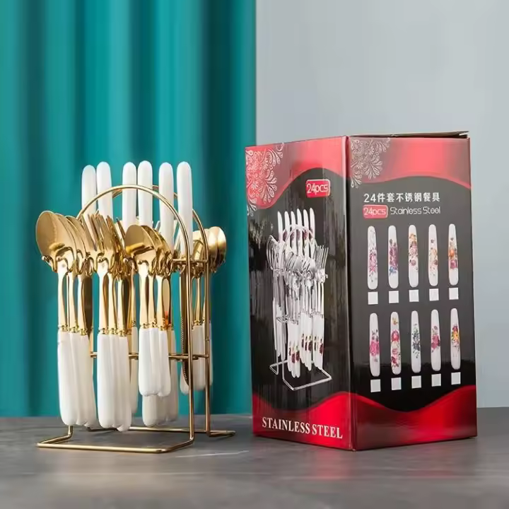 Productos mango de cerámica cuchillo principal tenedor cuchara vajilla occidental de acero inoxidable conjunto con caja de regalo de 24 piezas - 1
