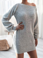 Vestido de suéter suelto de manga larga con cuello oblicuo para mujer, Mini Vestidos de punto casuales, Color sólido, Otoño e Invierno - details 8