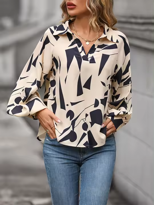 Camisa estampada de manga larga con cuello tipo Polo para mujer, jersey de oficina, blusa, ropa superior para mujer, otoño e invierno, 2023 - 1