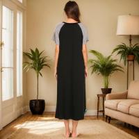 Camisón de algodón elástico de manga corta y largo con bloques de color y bolsillo para mujer, ropa de estar y pijama para primavera/verano - details 6