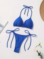 Conjunto De Bikini De Dos Piezas De Moda De Color Sólido, Con Cuello Halter, Triángulo Sin Espalda Y Lazos Laterales - details 0
