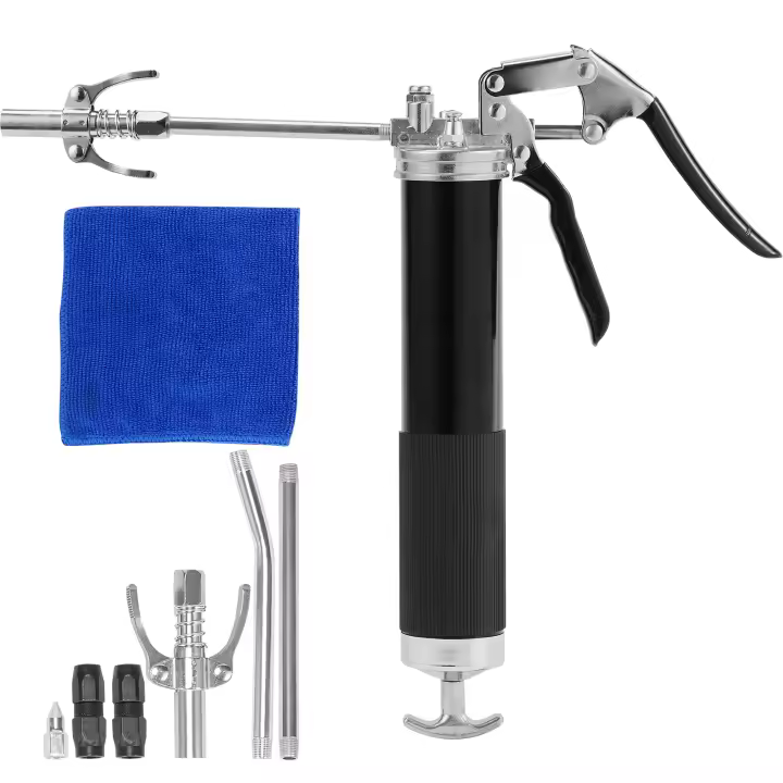 SucceBuy Pistola de engrase con empuñadura de pistola, 6000 PSI, capacidad de 14 OZ, herramienta profesional resistente con manguera flexible de 19,69", 2 acopladores y tubo de metal rígido - 1
