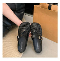 Verano nuevas zapatillas perezosas transpirables tejidas de un pedal zapatillas de cabeza de bolso de fondo plano cómodo de suela suave para mujer. - details 3