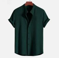 Camisa de manga corta a rayas Vtical para hombre con cuello alto, Top holgado informal de gran tamaño a la moda para playa, Color sólido, - details 3