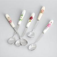 Cuchara de café de cerámica con flores rosas, cuchara de helado de acero inoxidable para cocina y comedor, cucharadita de postre - details 4