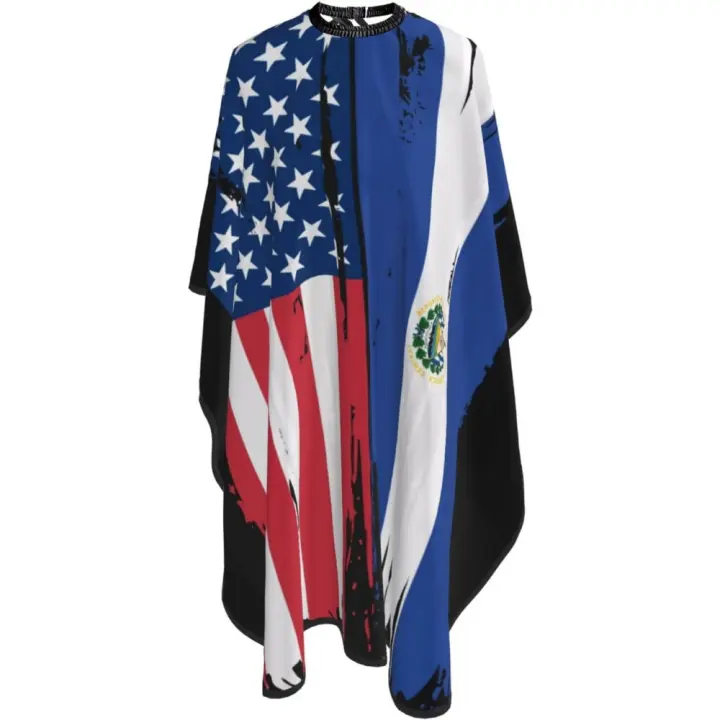Capa de peluquero con bandera de EE. UU. El Salvador - Capa de corte de pelo impermeable para peluquería profesional con cierre a presión ajustable - Delantal de corte de pelo para estilista y uso doméstico - 55''X66'' - 1