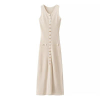 Vestido elegante de punto liso para mujer sin mangas, cuello redondo, botonadura sencilla con bolsillos - details 5