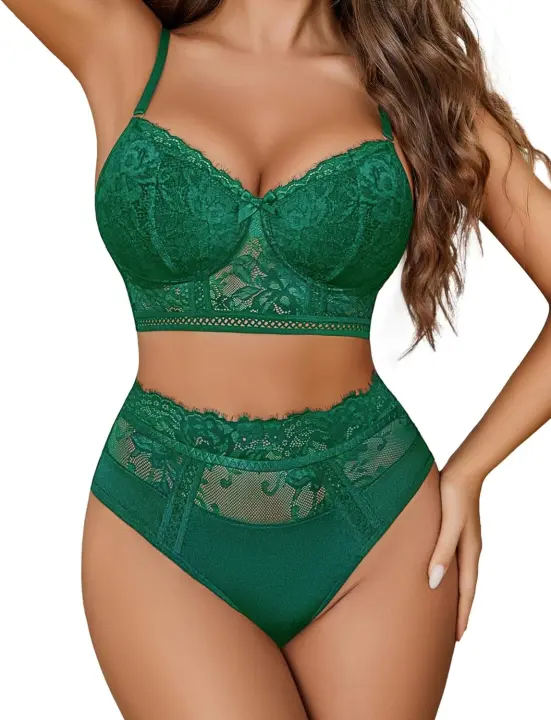 Conjunto de sujetador de lencería y ropa interior de cintura alta para mujer, conjunto de muñeca de encaje de 2 piezas, S-XXL - 1