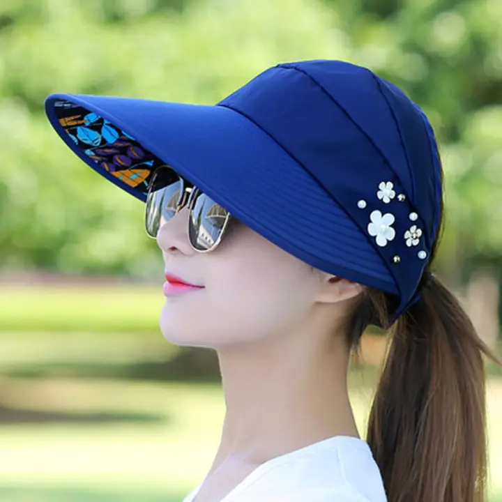 Gorra de Sol de Verano para Mujer Sombrero de Playa con Borla Ancha Gorra de Béisbol con Visera de Flor Protección Solar Casual de Viaje - 1