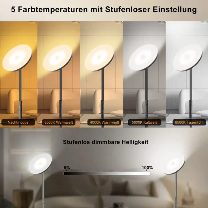 Lámpara de Pie Regulable Gris 42W, Lámpara de Pie LED Salon 3700LM Súper Brillantecon Lámpara de Lectura, control remoto y control táctil Lámpara Alta para Salon de Estar Dormitorio Oficina - 1