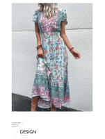 Vestido Boho Floral Vintage Manga Corta, Cuello en V, Vestido de Playa de Verano Bohemio - details 15