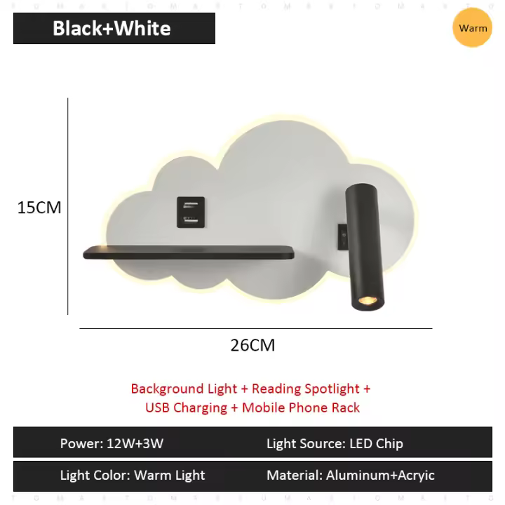 TOMAXIN lámpara de pared LED Cloud, foco de lectura de cabecera, Simple, dormitorio, estudio, Hotel, lámpara de pared con estante giratorio - 1