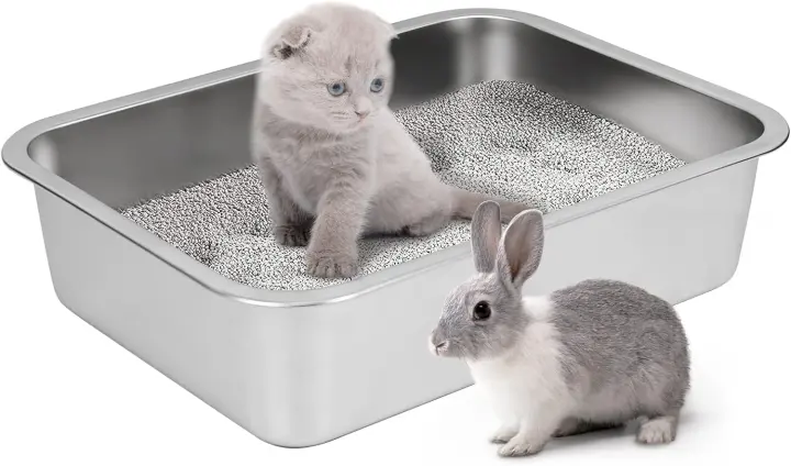 Caja de Arena para Gatos de Acero Inoxidable Superficie Suave, Antideslizante, No Absorbe Olores, Tamaño Grande 19,5"L x 13,5"W x 4"H - 1