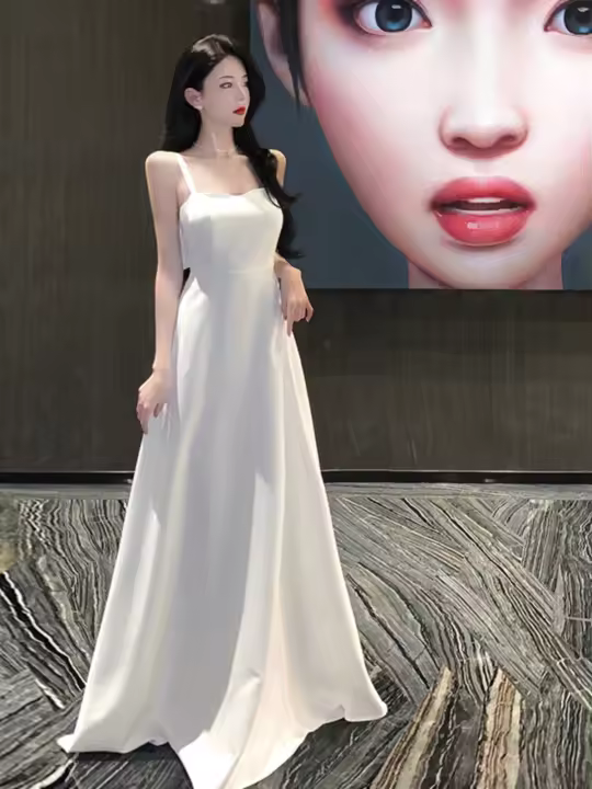 Vestido de noche blanco, vestido de tirantes francés, vestido largo sexi con cuello en V y espalda abierta, falda para la playa elegante y delgada - 1