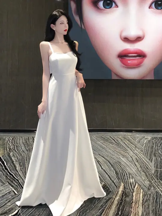 Vestido de noche blanco, vestido de tirantes francés, vestido largo sexi con cuello en V y espalda abierta, falda para la playa elegante y delgada - 1