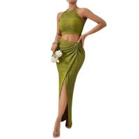 2025 nueva ropa de mujer, traje de mujer, chaleco + falda larga, slim, cadera, giro, verde - details 3
