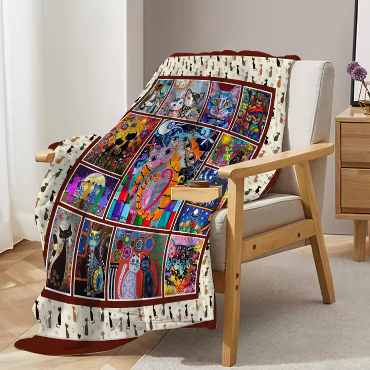 Manta colorida con estampado de gato, manta de felpa esponjosa de franela, manta suave para sofá y cama - 1